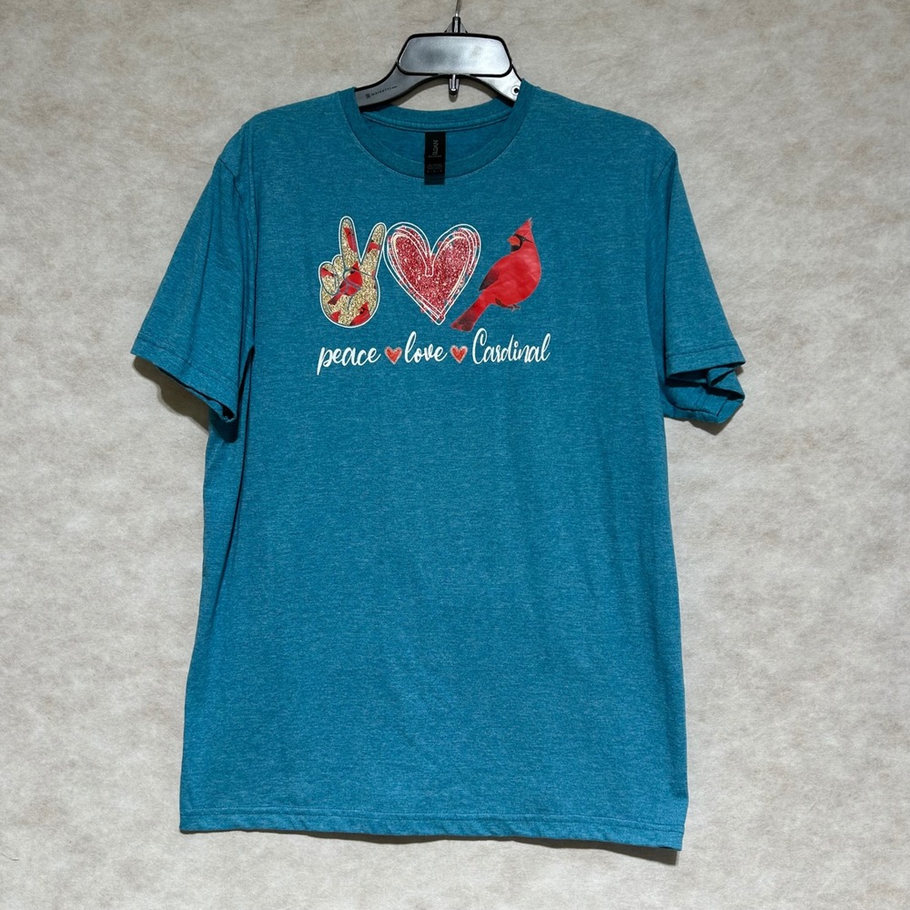 Gildan Softstyle Peace Love Cardinal Graphic Tee Teal Blue Heather Medium